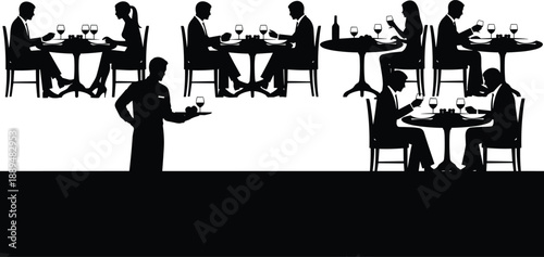 Restaurant dining silhouettes collection, couples eating at tables with wine, waiter service scene, elegant cafe people black figures