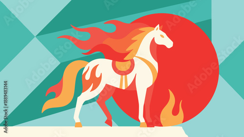 Illustration Of Fire Horse Standing In Front Of Red Sun, Minimal Chinese New Year Background Vector Design Template