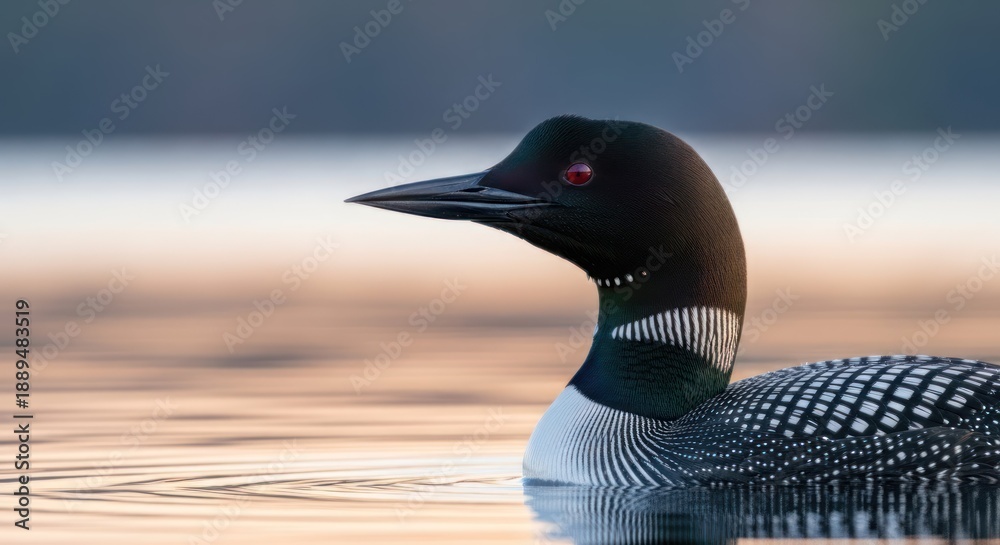 Naklejka premium A loon bird floating on calm water, with a blurred background suggesting a serene natural setting.