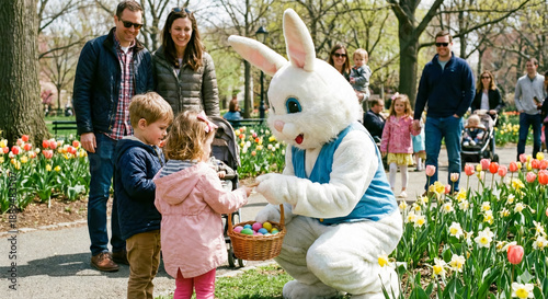 Happy Family with Children Meeting Easter Bunny Character in Spring Park with Blooming Tulips