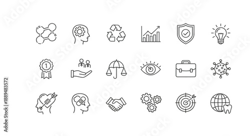 A collection of diverse line icons representing concepts like growth strategy innovation and legal matters