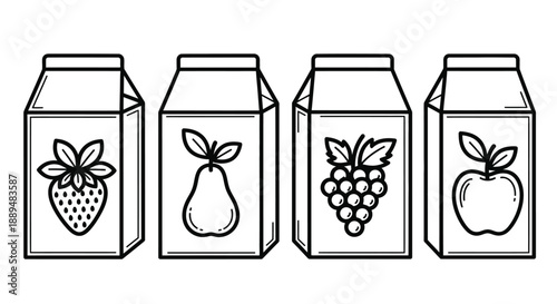 A simple illustration of four gable top cartons featuring different fruit designs on the front