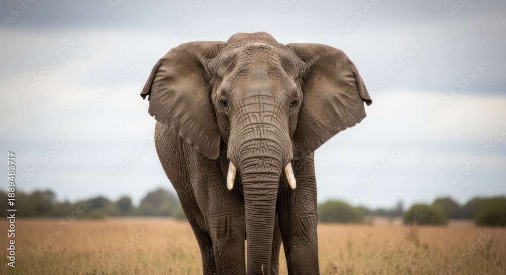 Fototapeta premium A majestic elephant standing in a grassy field with a cloudy sky in the background.