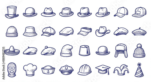 Hand Drawn Hat and Cap Icon Set. Sketch Style Vector Illustration of Headwear and Helmets.