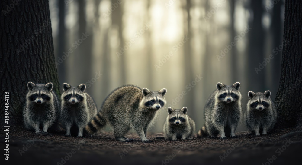 Fototapeta premium A group of raccoons in a forest setting, with one raccoon standing prominently in the center, appearing to lead the group. The forest is depicted with a soft, blurred background