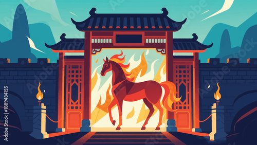 Illustration Of Fire Horse Standing In Front Of Traditional Chinese Gate, Fire Glow Vector Design Template