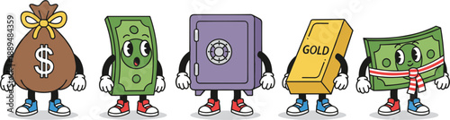 Retro cartoon finance mascot set featuring money bag dollar bill bank safe and gold bar characters with faces.