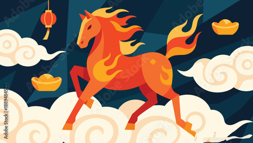 Illustration Of Fire Horse Standing On Clouds, Mythological Chinese New Year Theme Vector Design Template