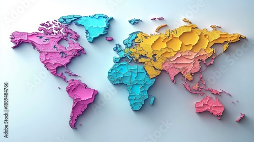 Colorful 3D textured world map showing continents and countries with distinct colors on a white background