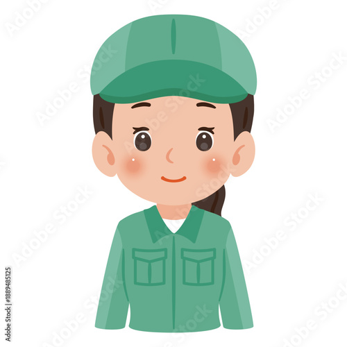 作業服を着て帽子を被った女性　上半身イラスト／Woman wearing work clothes and a cap, upper body illustration