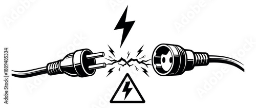 Line art illustration of an electrical plug and socket depicting a short circuit for electrical safety warning