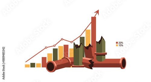 Broken pipes hindering financial growth graph, symbolizing business failure and economic decline