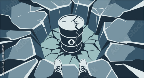 Cracked oil barrel in a broken ground, concept of energy crisis, pollution, and environmental disaster