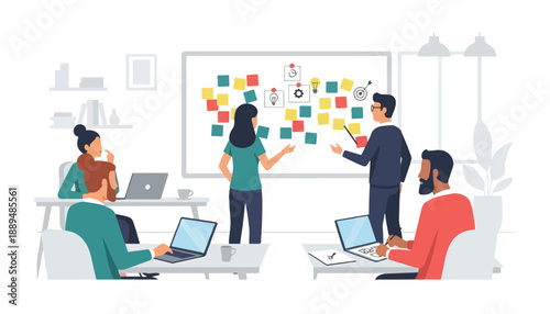 Business team brainstorming ideas with sticky notes on a whiteboard in a modern office setting.