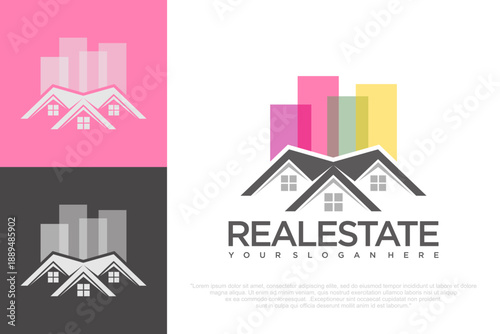 Real Estate Logo Design with City Building and House Icon .vector illustration