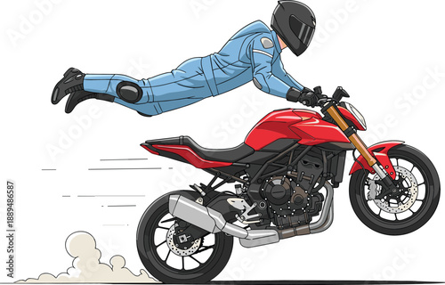 Extreme motorcycle stunt with rider performing mid-air Superman on red sportbike wheelie for motor sports and action branding vector