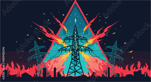 Electric power pylons engulfed in flames against a dramatic, fiery, abstract background