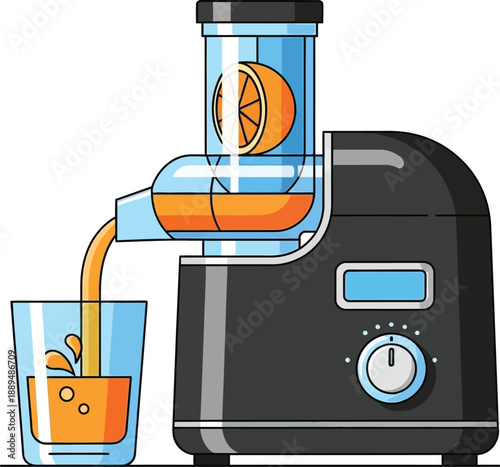 A black juicer making fresh orange juice in a clear glass