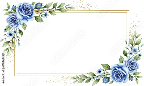 A beautiful floral frame with blue roses and green leaves on a white background