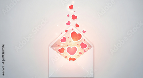 Glowing envelope with floating hearts symbolizing love and affection in a soft warm light
