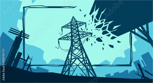 Abstract illustration of a broken power line tower, symbolizing energy crisis, infrastructure failure, or technological breakdown.