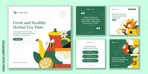 Herbal Tea Flat Cartoon Hand Drawn Social Media Post Template Background Illustration