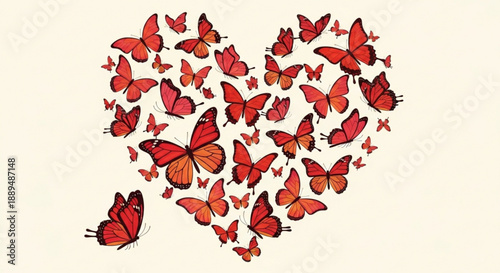 Red butterflies flying in a heart shape formation on cream background symbolizing love and freedom with vibrant wings