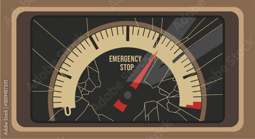 Retro emergency stop gauge with cracked glass, indicating critical failure or urgent shutdown
