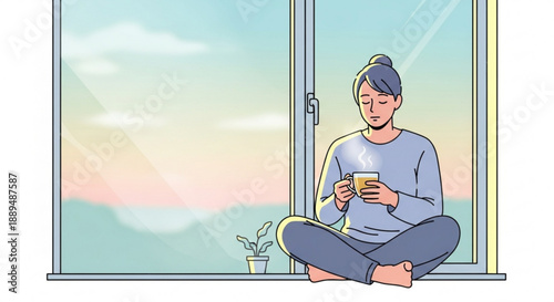 Woman sitting cross legged on windowsill with coffee cup enjoying serene view of sunset or sunrise through large window