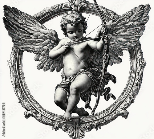 ornate winged cherub drawing a bow inside an intricately carved circular frame, playful and romantic mood
