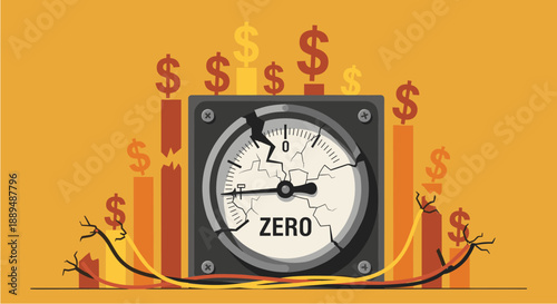 Broken Meter Showing Zero with Dollar Signs and Bar Graphs - Economic Crisis Concept
