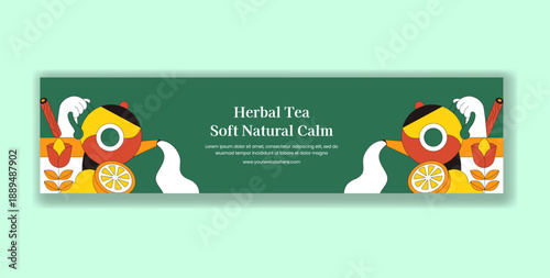 Herbal Tea Flat Cartoon Hand Drawn Billboard Template With Eye Catching Background