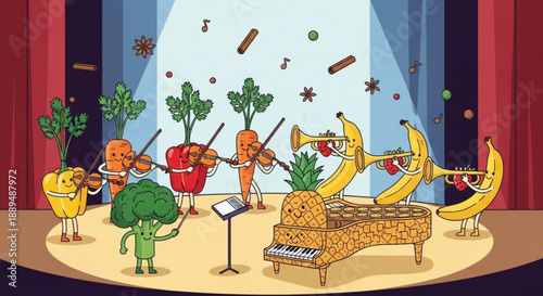 Vegetable and fruit orchestra performing on stage with musical instruments and plants