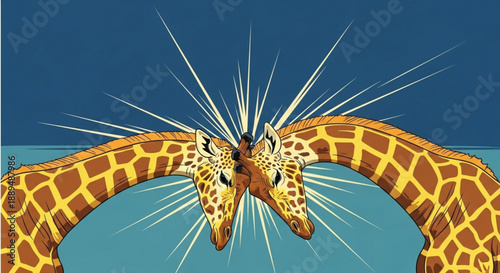 Two giraffes collide head on dynamic illustration with motion lines vibrant yellow and brown spots on blue background
