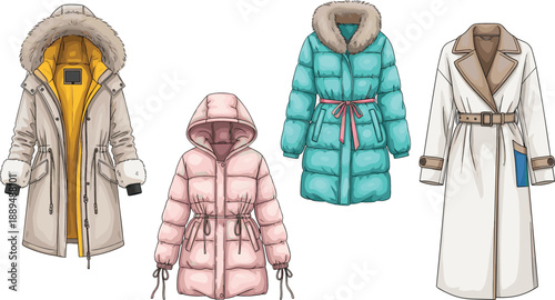 Women's winter coat collection with fur-lined parka puffer jackets and elegant trench coat for seasonal apparel branding vector