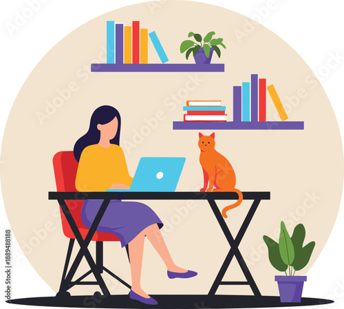 Woman working from home on laptop with orange cat and colorful bookshelf for remote work and cozy lifestyle vector