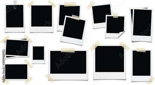 A collection of blank Polaroid photos taped to a white background