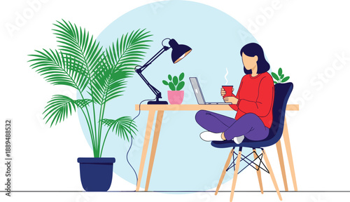 Woman working cross-legged on laptop at home office with coffee desk lamp and large palm plant for remote lifestyle and study vector