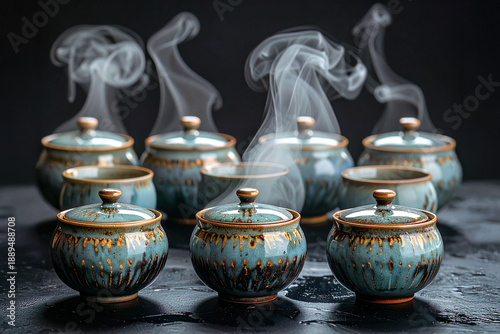 Ceramic tea set on a black background