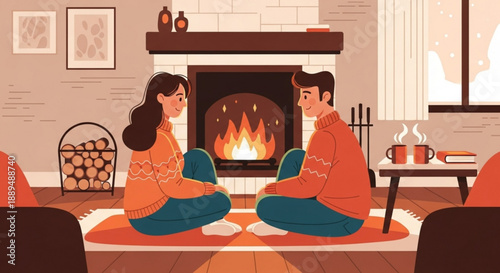 Couple meditating together on a rug in front of a fireplace in a cozy living room with warm lighting and autumnal colors
