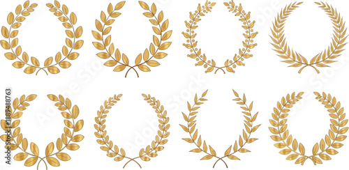 A collection of golden laurel wreaths on a light blue background