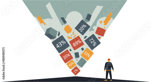 Abstract illustration of a funnel with falling blocks representing data and a person observing the process