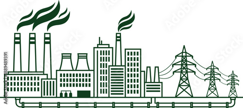Industrial power plant illustration with factories smokestacks electricity transmission towers and energy infrastructure concept for manufacturing industry power generation