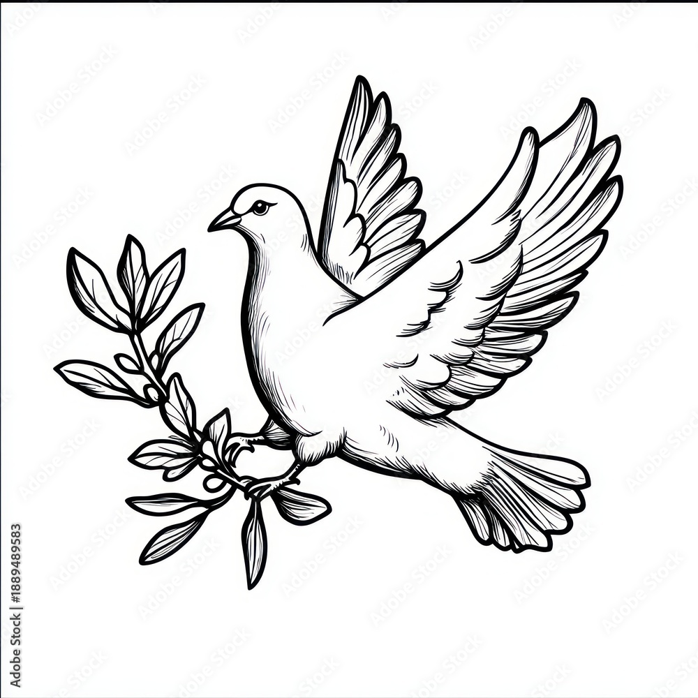 Fototapeta premium soaring dove with outstretched wings clutching an olive branch, detailed black and white line drawing conveying peace and serenity