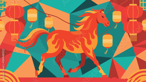 Illustration Of Fire Horse Walking Calmly With Lanterns, Festive Chinese New Year Background Vector Design Template