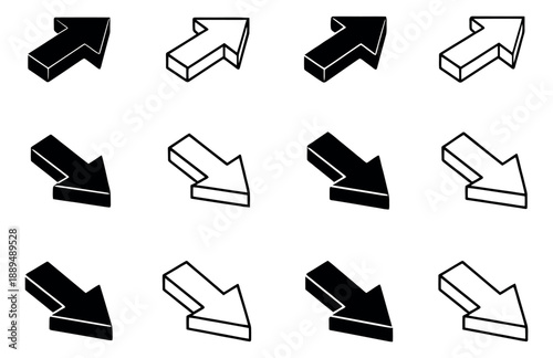 Isometric line art and solid arrow set featuring diagonal 3D direction indicators for user interface design