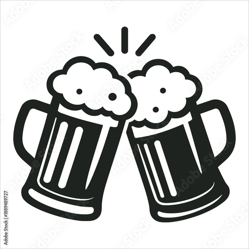 Toasting Beer Mugs Icon – Minimalist Black and White Cheers Illustration for Pub, Brewery, Oktoberfest, and Celebration Graphic Design