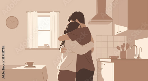 Couple embracing in a warm kitchen with morning light streaming through the window