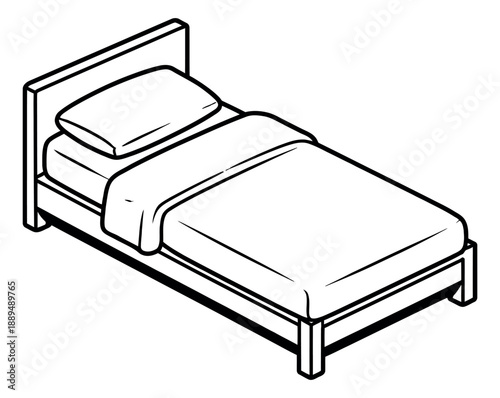 Line art illustration of a single bed depicting comfort and rest for bedroom or hotel themes