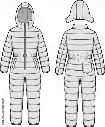 Technical fashion illustration of insulated hooded snowsuit jumpsuit showing front and back views for winter outerwear design, manufacturing, pattern development, and apparel production
